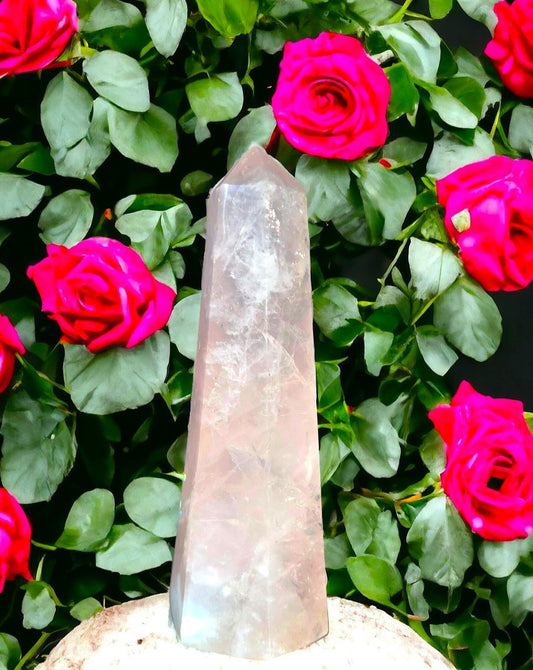 Natural Rose Quartz Obelisk gemmy crystal tower point. Attract and strengthen love of all kinds—romantic, self-love, familial, and platonic