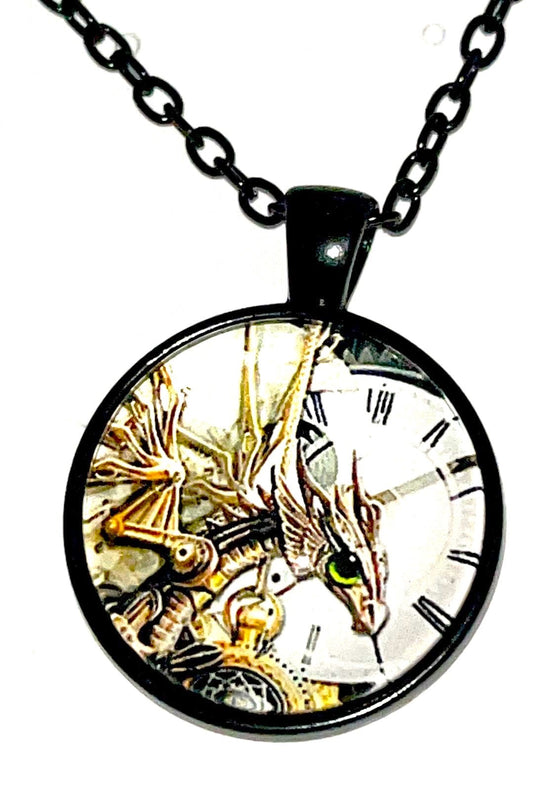 Steampunk clock dragon necklace pendant Comes w/rope chain necklace.  Mythical allure of dragons with intricate precision of steampunk