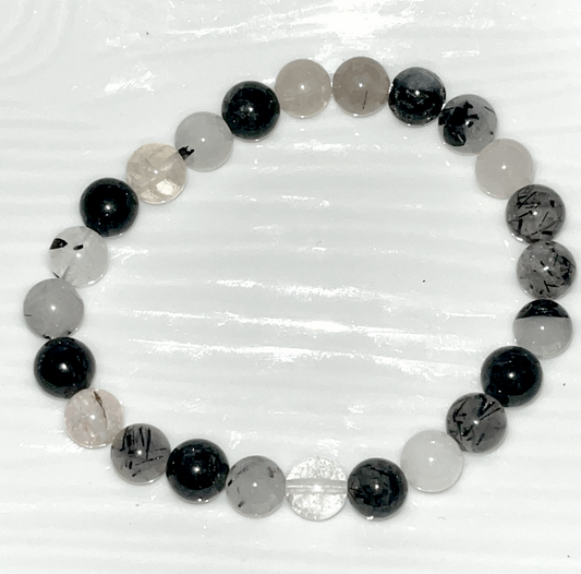 Black Tourmaline in quartz high quality 7mm elastic crystal bracelet. Natural shield against negativity and stress, grounding