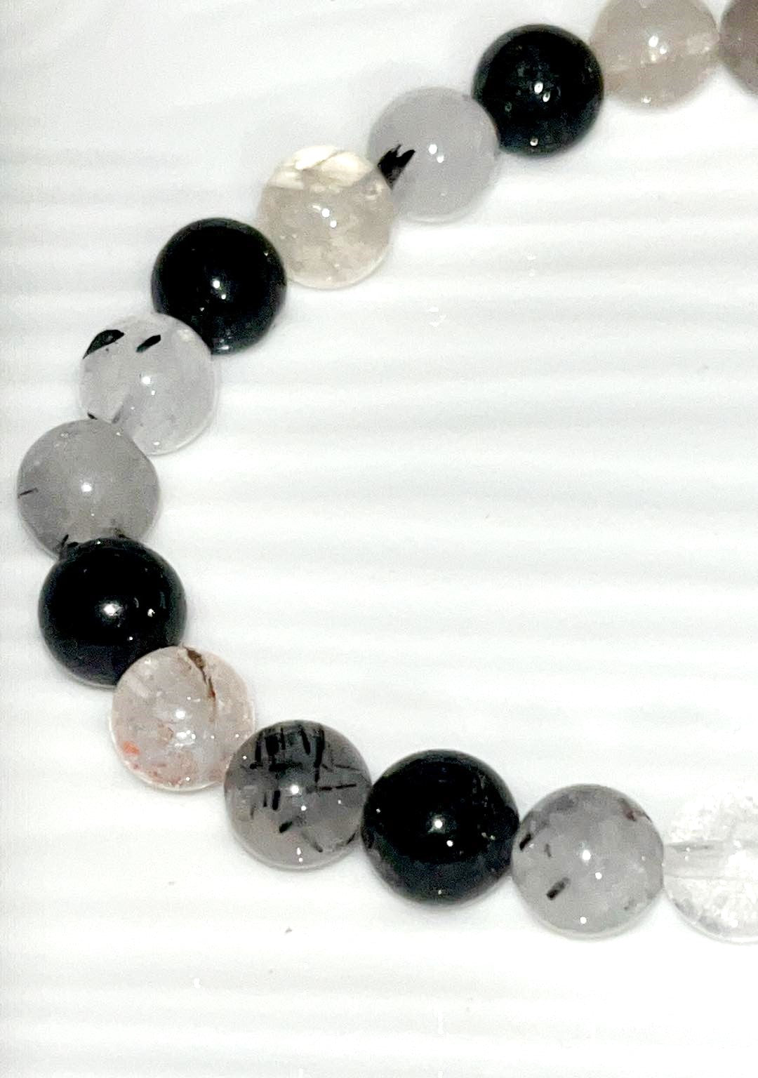 Black Tourmaline in quartz high quality 7mm elastic crystal bracelet. Natural shield against negativity and stress, grounding