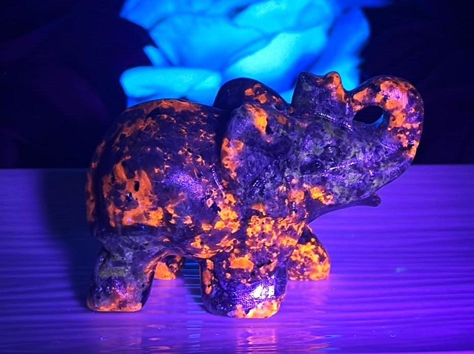 Yooperlite UV reactive glow in the dark elephant with raised trunk. Glows orange under UV light. Halloween Gothic. Trunk up= Prosperity