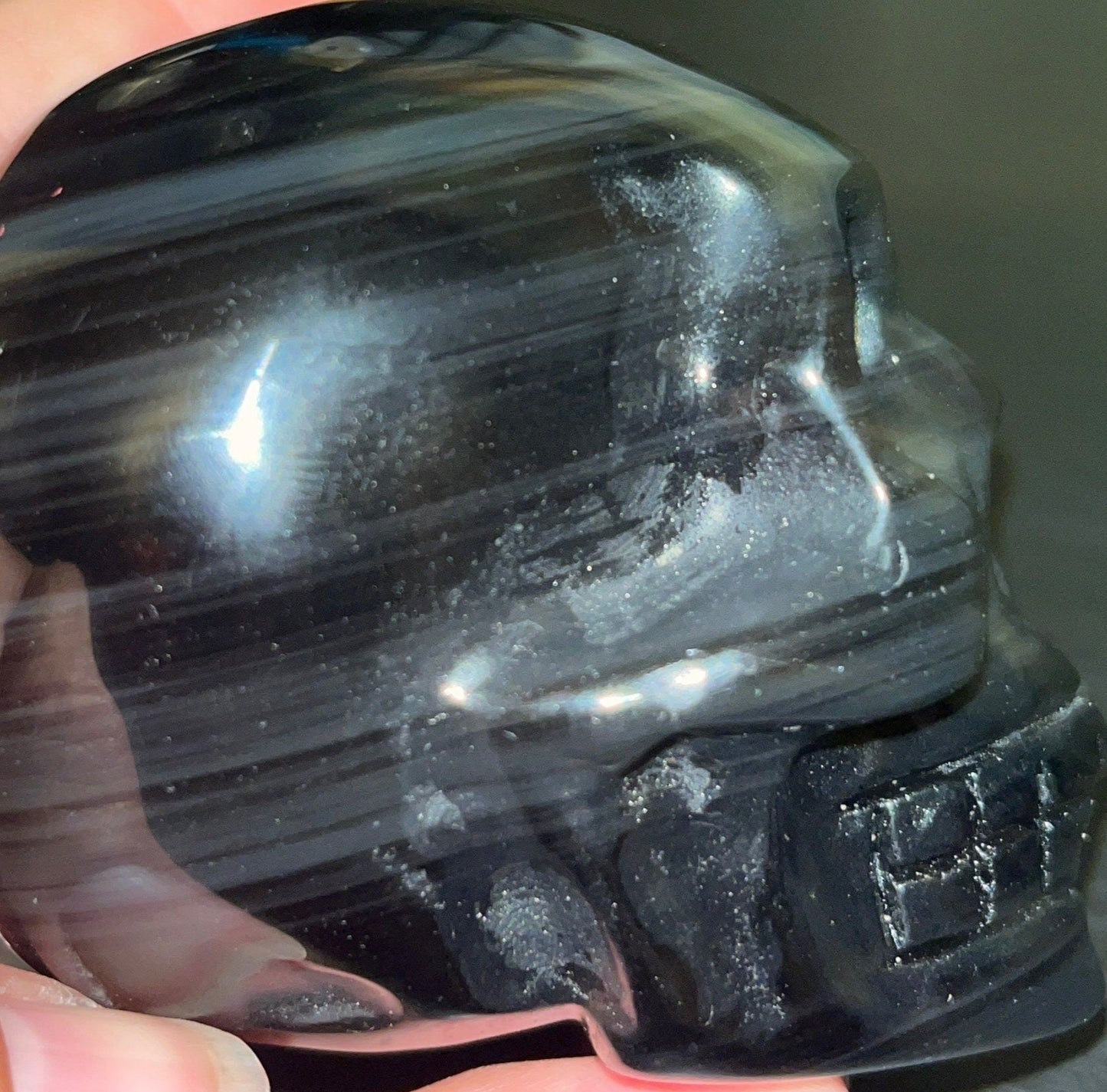 Banded Black Obsidian crystal  skull carving with smiling face and beautiful banding! Good for protection, stability, balance