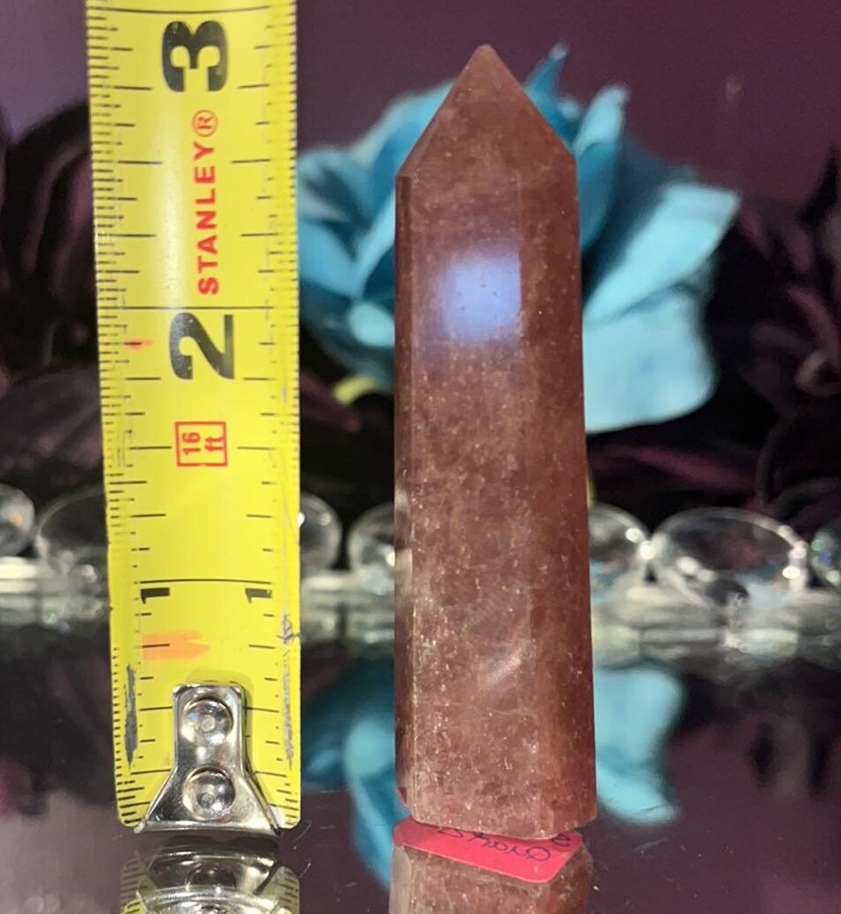 Sparkly Strawberry Quartz crystal tower point. Release depression, anxiety, find soulmate, attract love and abundance