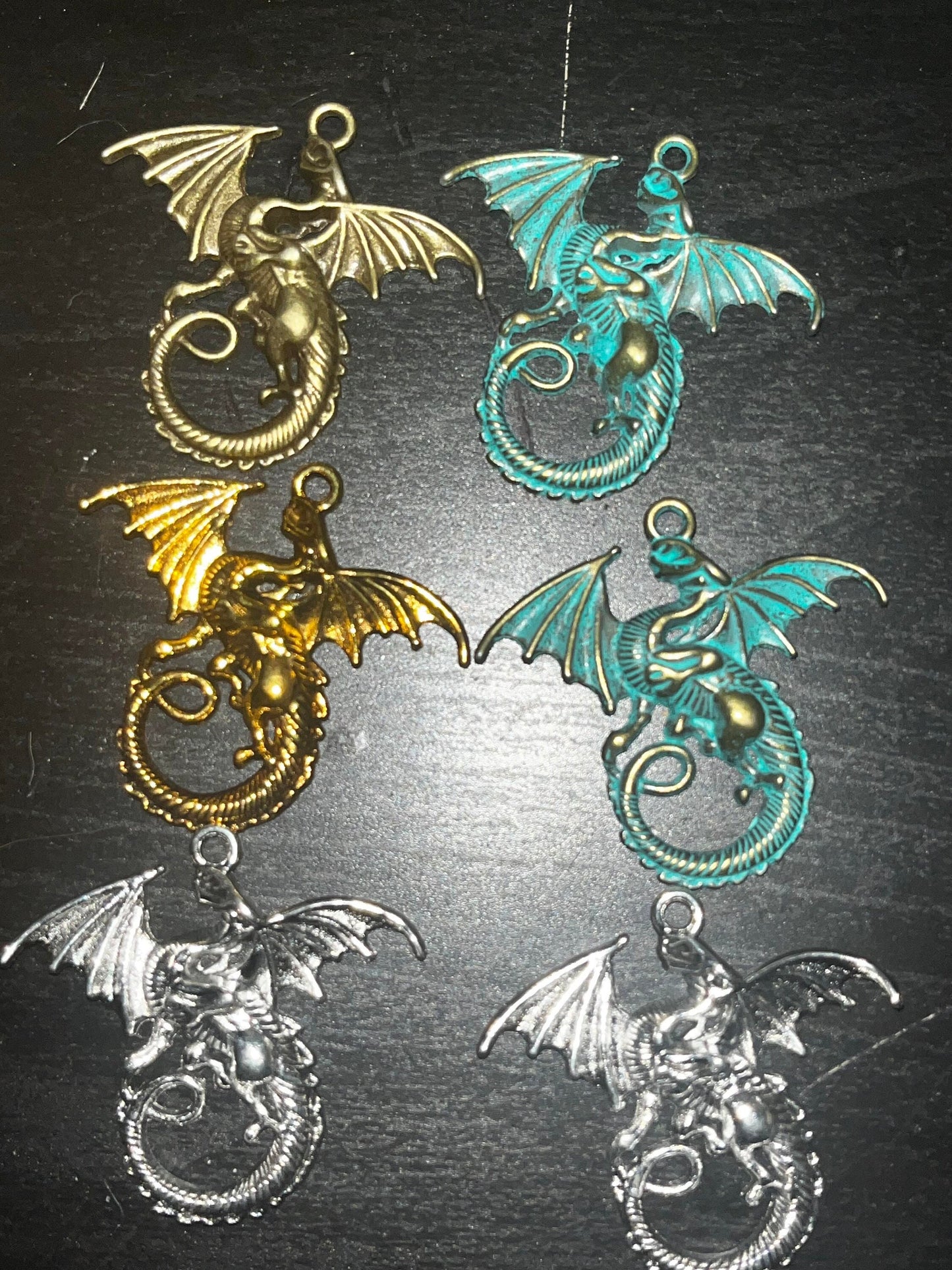 Metal alloy flying dragon necklace pendants, multiple sizes and colors, gothic