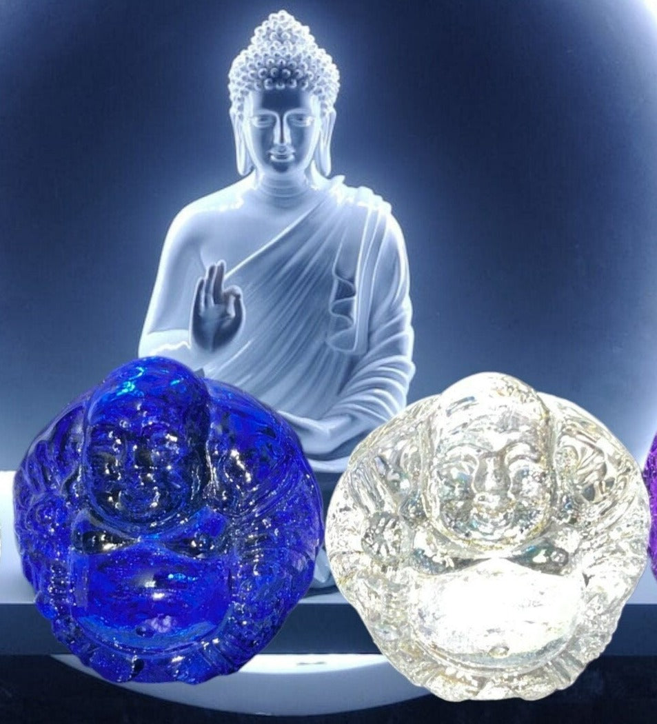 Glass smiling buddha figures, Clear, Blue and Purple. Brings serenity, enlightenment and positivity.