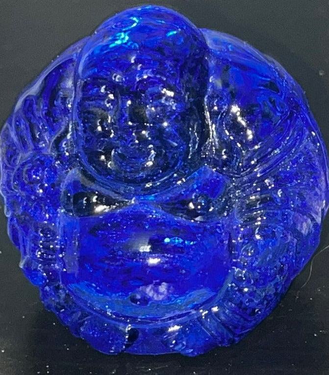 Glass smiling buddha figures, Clear, Blue and Purple. Brings serenity, enlightenment and positivity.